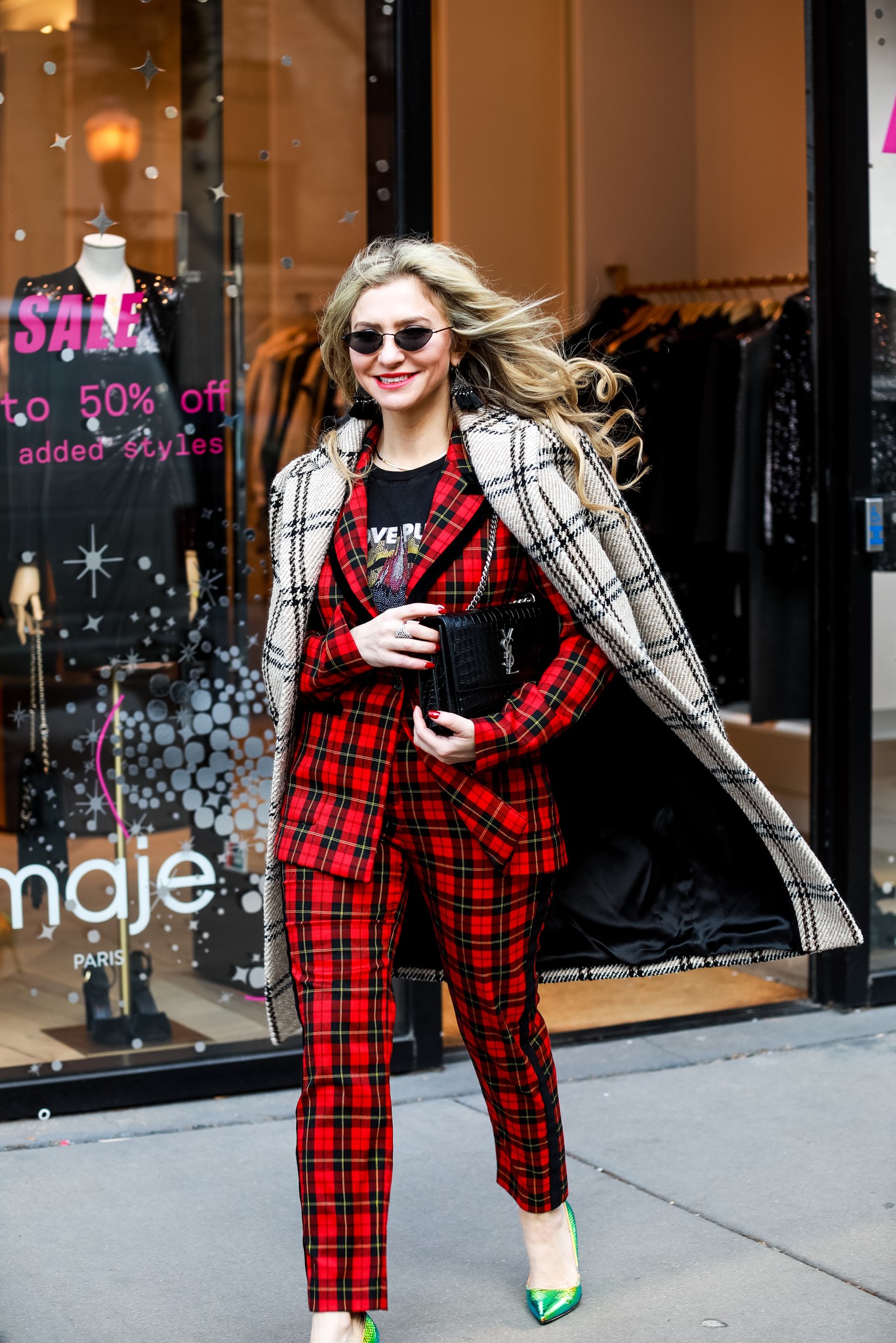 MAJE RED PLAID SUIT AND PLAID COAT
