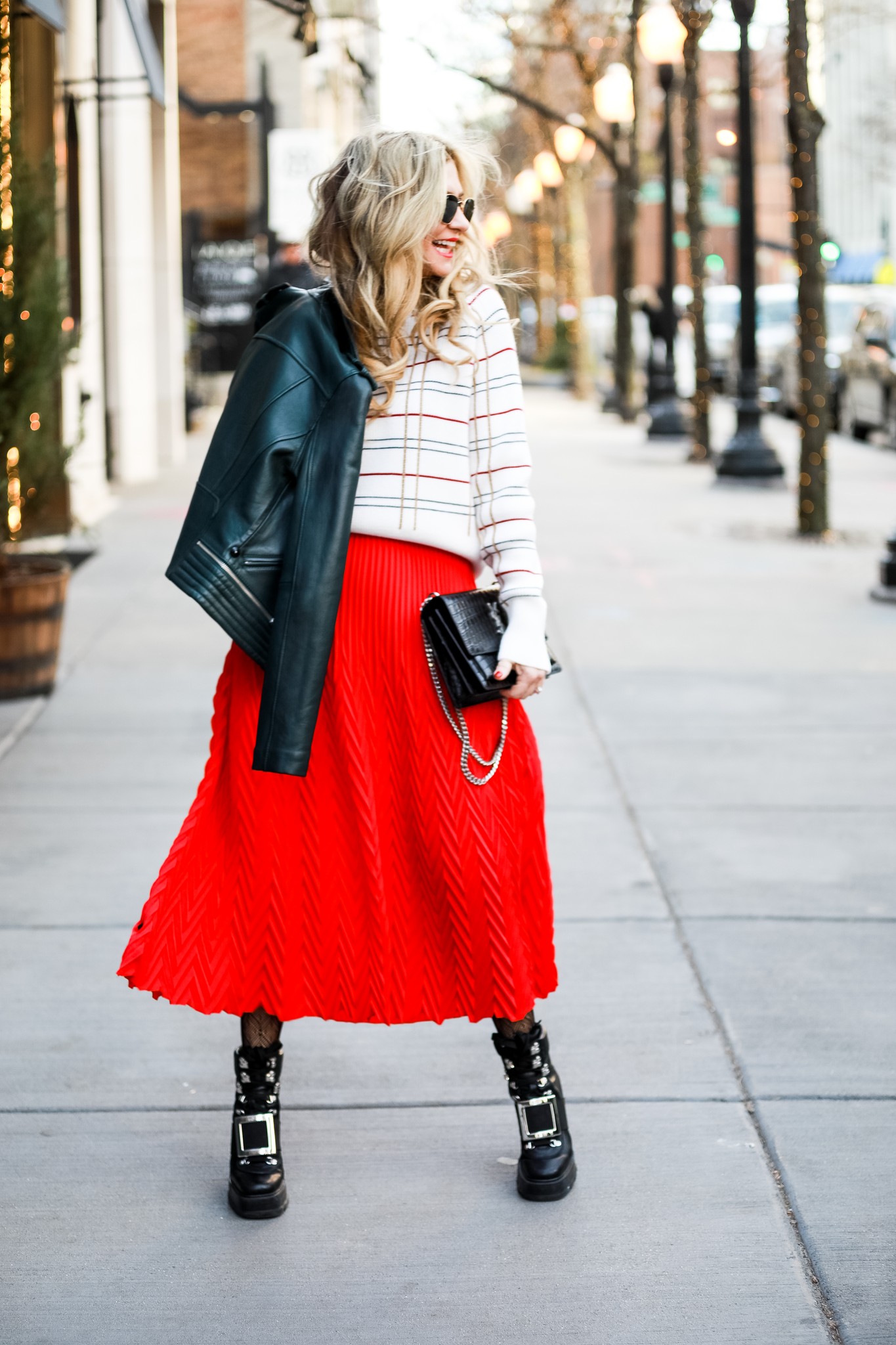 MAJE CHEVRON PLEATED SKIRT AND PLAID SWEATER