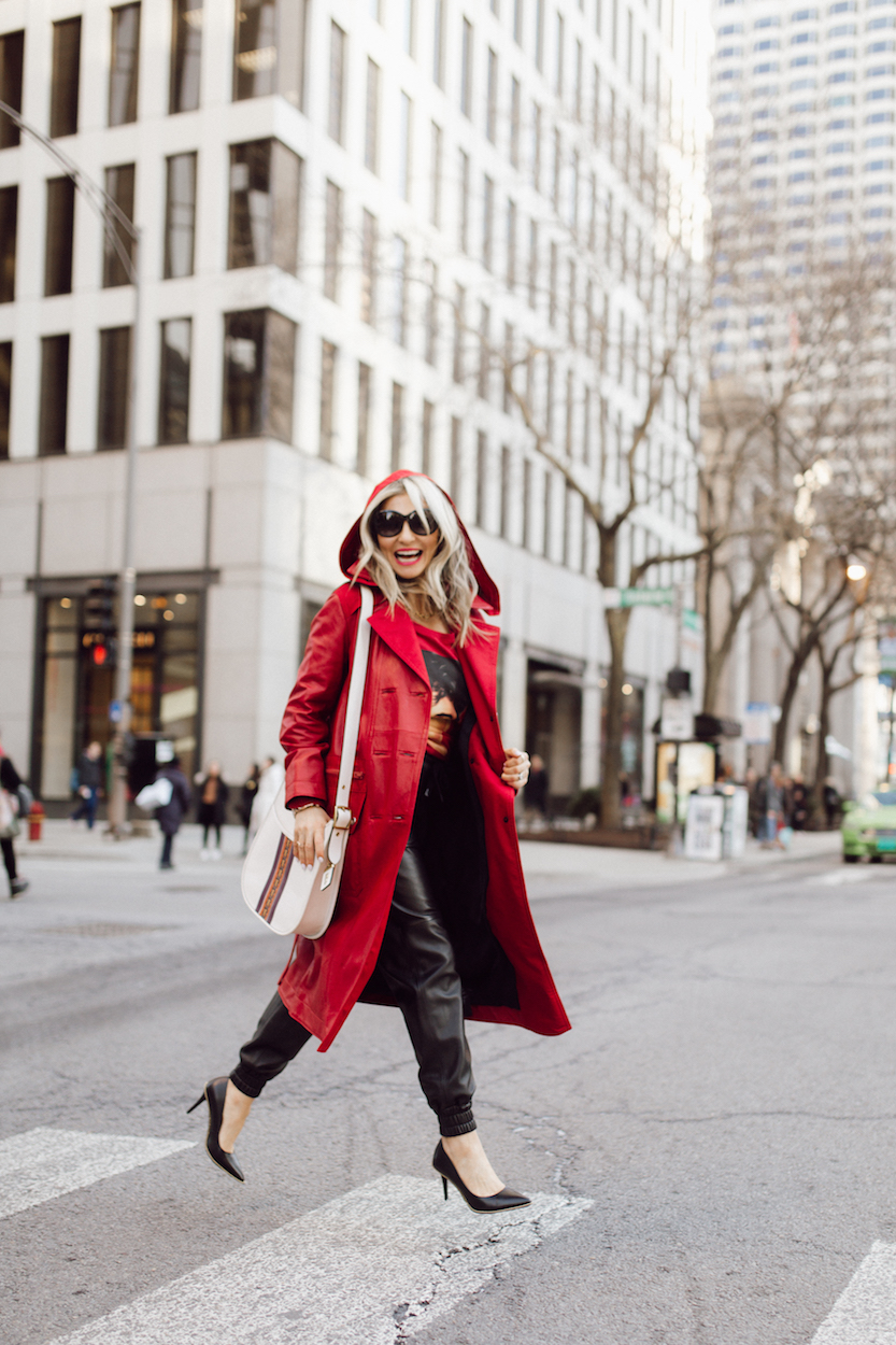 red leather trench