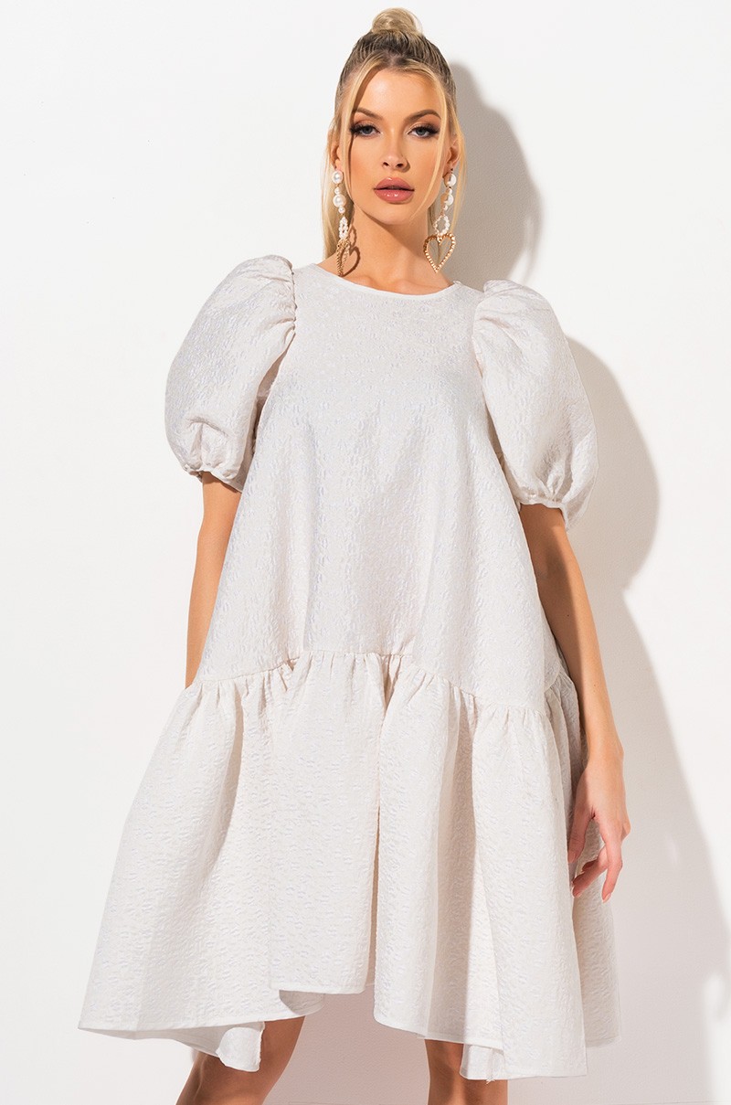 off white puff-sleeves midi dress