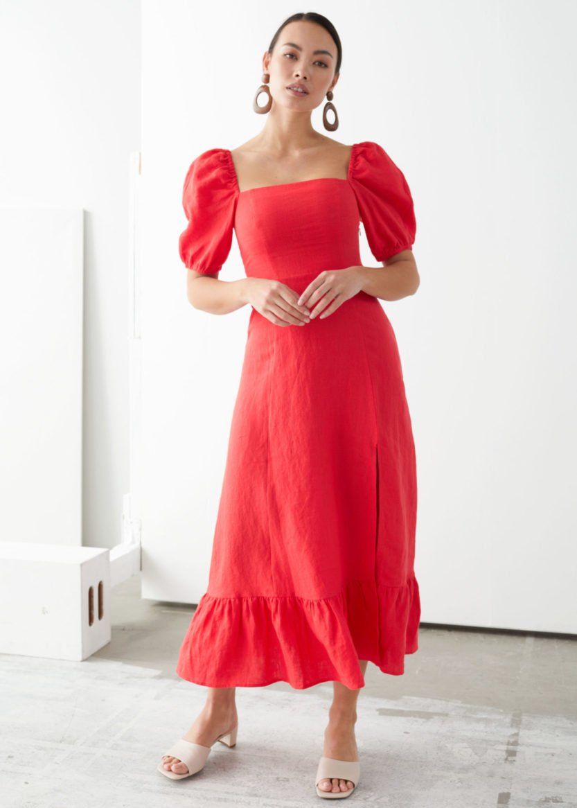 puff-sleeves red midi dress