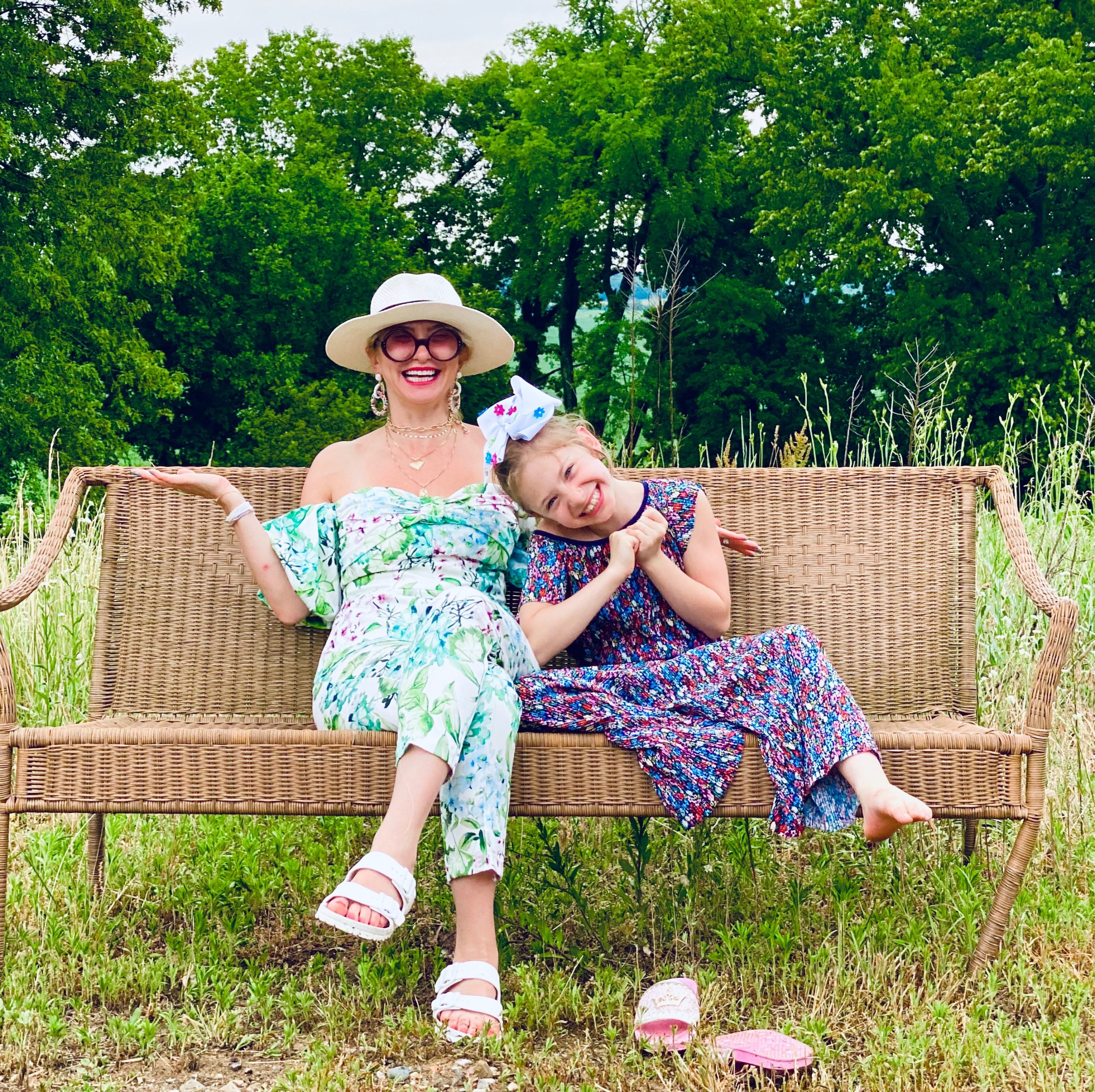 mother and daughter floral outfits with birkenstocks