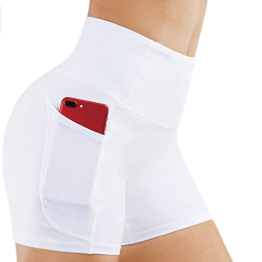 white biker shorts with phone pocket