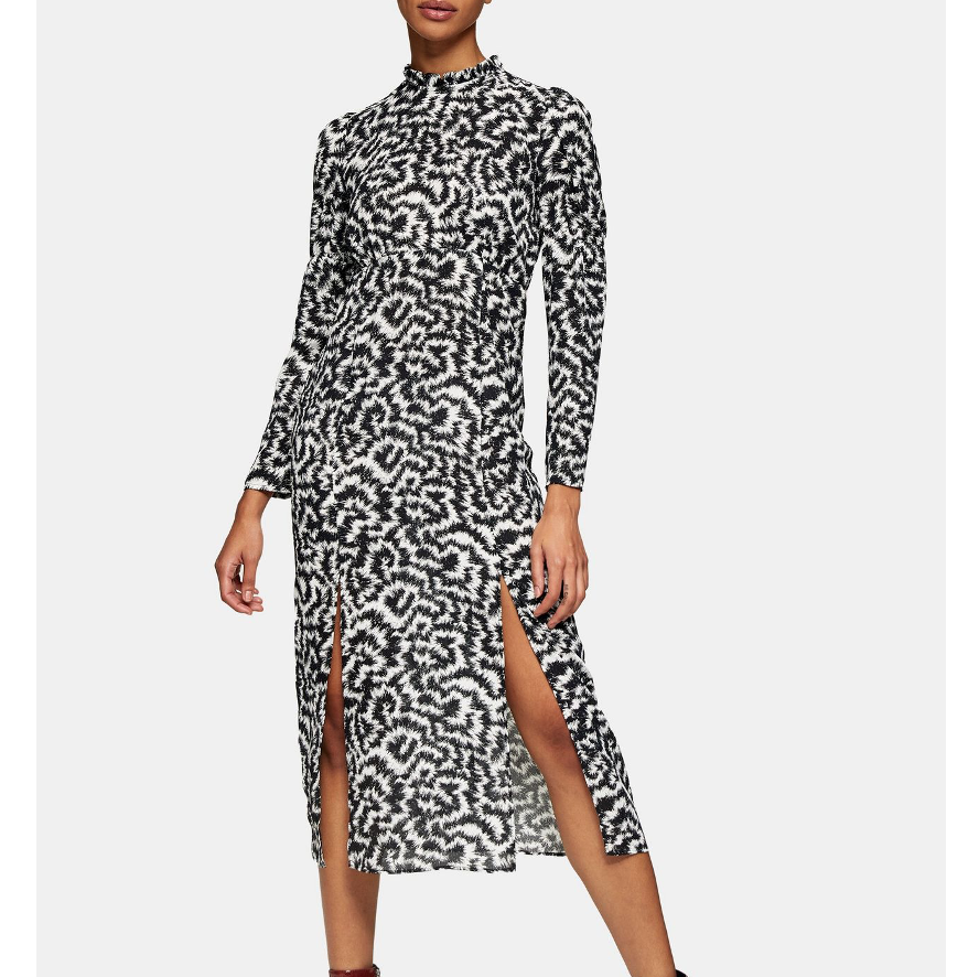 animal print high neck midi dress